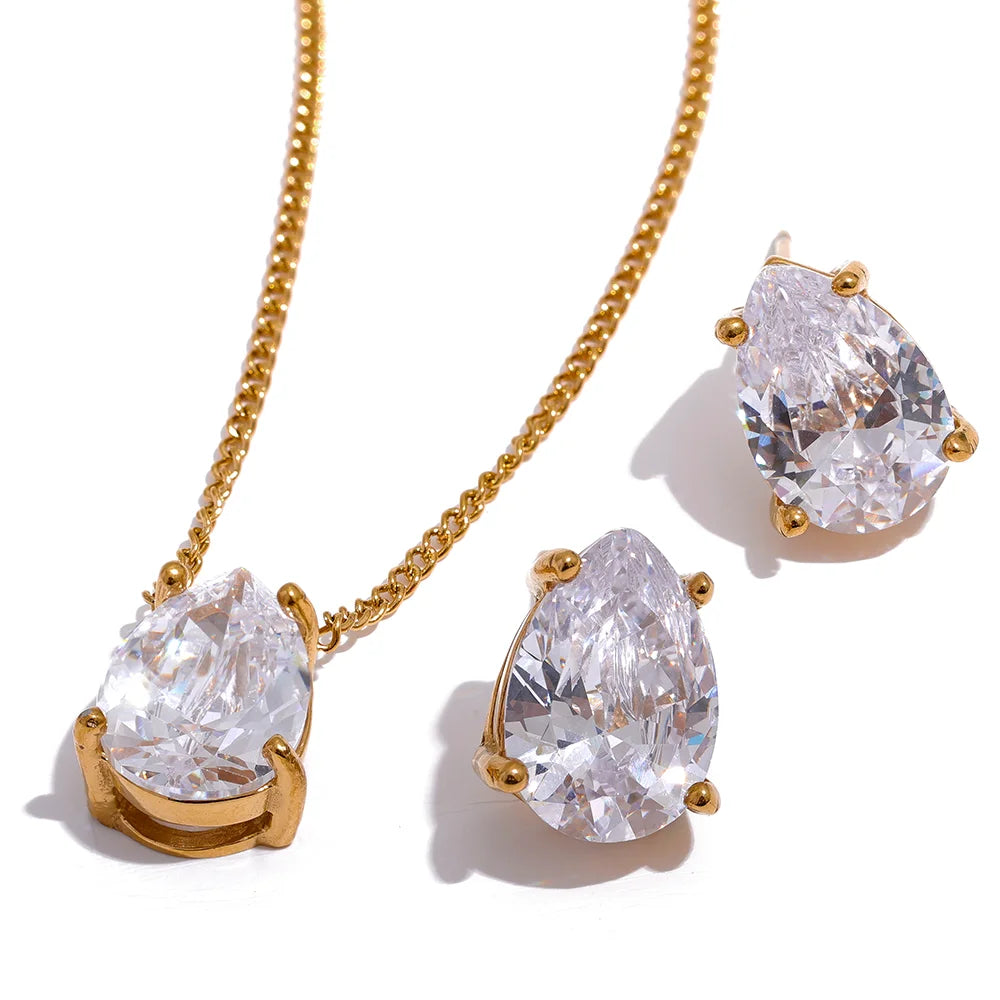 JINYOU 1061 Delicate Shiny Cubic Zirconia Stainless Steel Water Drop Pendant Necklace Stud Earrings Waterproof Chic Jewelry
