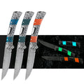 Glow in the Dark Tactical Survival Folding Pocket Knife Luminous Damascus Steel Blade with Push Button Style Wood Handle