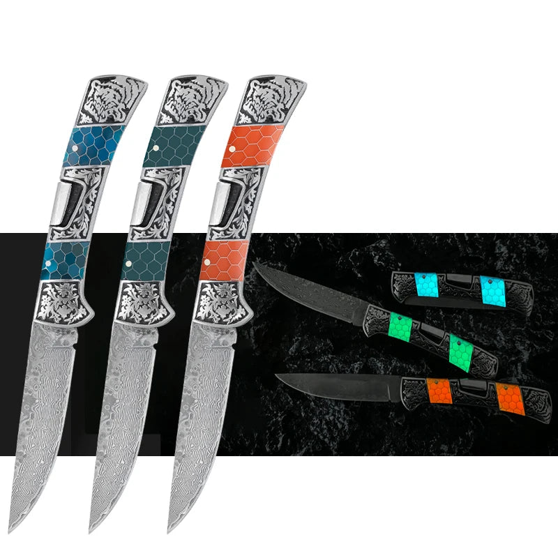 Glow in the Dark Tactical Survival Folding Pocket Knife Luminous Damascus Steel Blade with Push Button Style Wood Handle