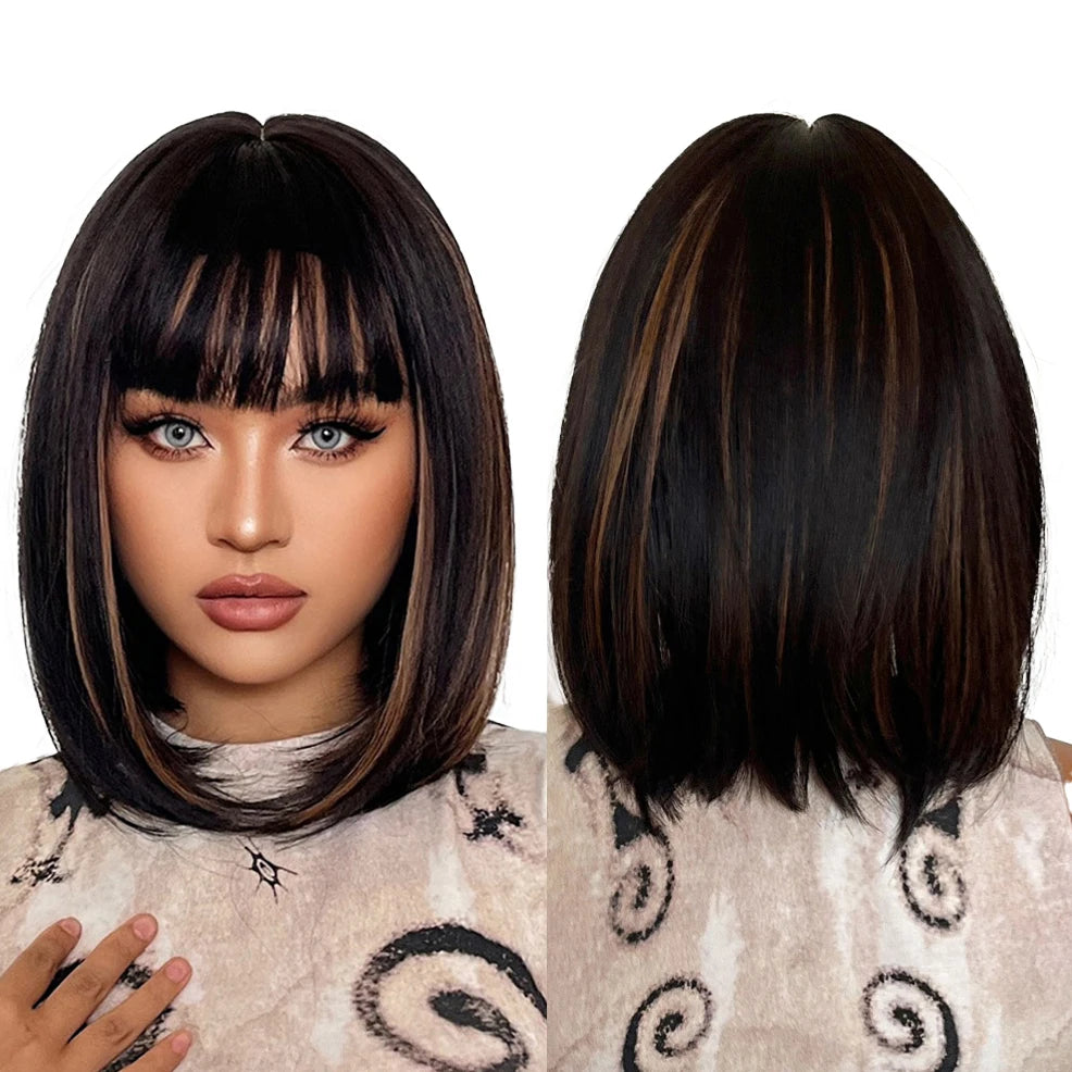 Factory Fast Delivery Straight Synthetic Bob Wig Dark Brown Light Brown Streaky Color Synthetic Hair No Hairspray False Scalp