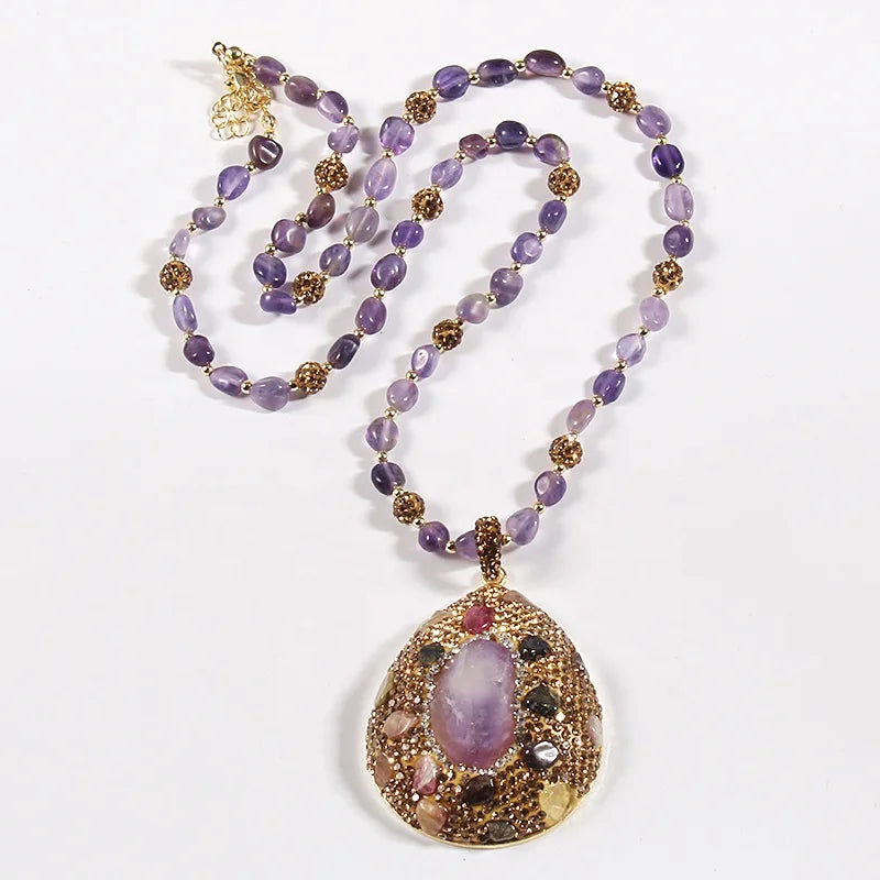 JH Wholesale Women Bohemian Jewelry Chip Amethyst Rhinestone Pava Ball Hematite Necklace Amethyst Crystal Rough Pendant Necklace