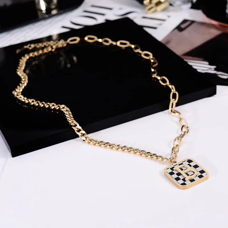 Hip Hop Black and White Checkerboard  Design Pendants Necklace Statement Gold Chain Letter B Long Necklace Female