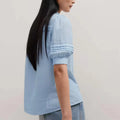 Customized Fashion Print Blouse for Women Cozy Casual Summer Loose Pleated Tops with Button Ruched Neck Lantern Short Sleeves Casual Wear