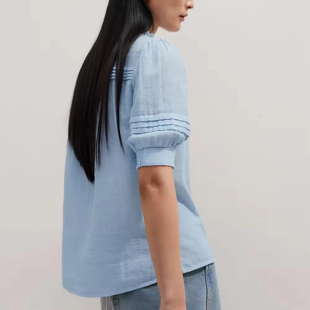 Customized Fashion Print Blouse for Women Cozy Casual Summer Loose Pleated Tops with Button Ruched Neck Lantern Short Sleeves Casual Wear
