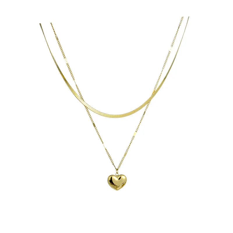 Fashion Designer Attractive Women's Double Layered Wearing Stainless Steel Gold Niche Collarbone Chain Love Pendant Necklace