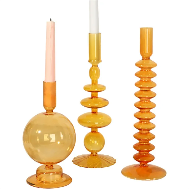 2022 New Wedding Decoration Amber Glass Candle Holder Candle Home Decor Orange Candle Holders Decorative Glass