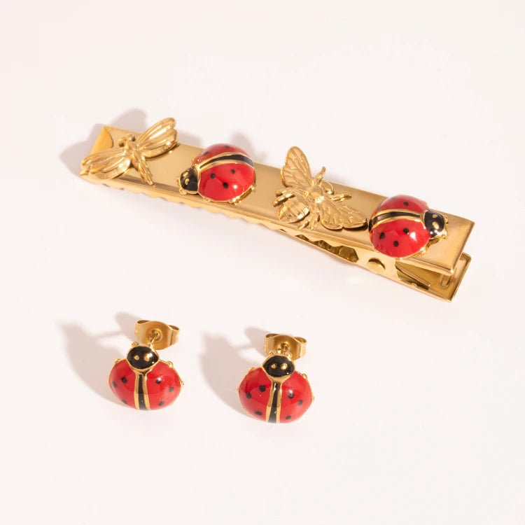 G3794 Wholesale Ladybug Stud Earrings Hairpin Barrettes Stainless Steel Insect Design Jewelry Ladybug Hair Clip Earrings