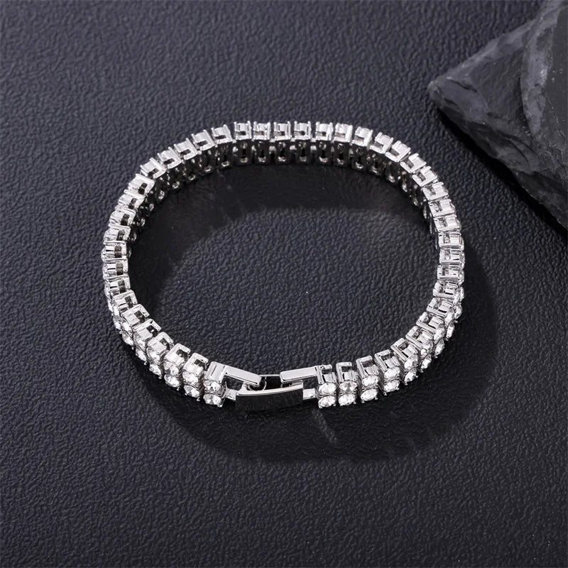 DE Iced Out Real Gold Plating Hip Hop Chunky Zinc Alloy 9mm 2 Row White Zircon Tennis Chain Bracelet for Men