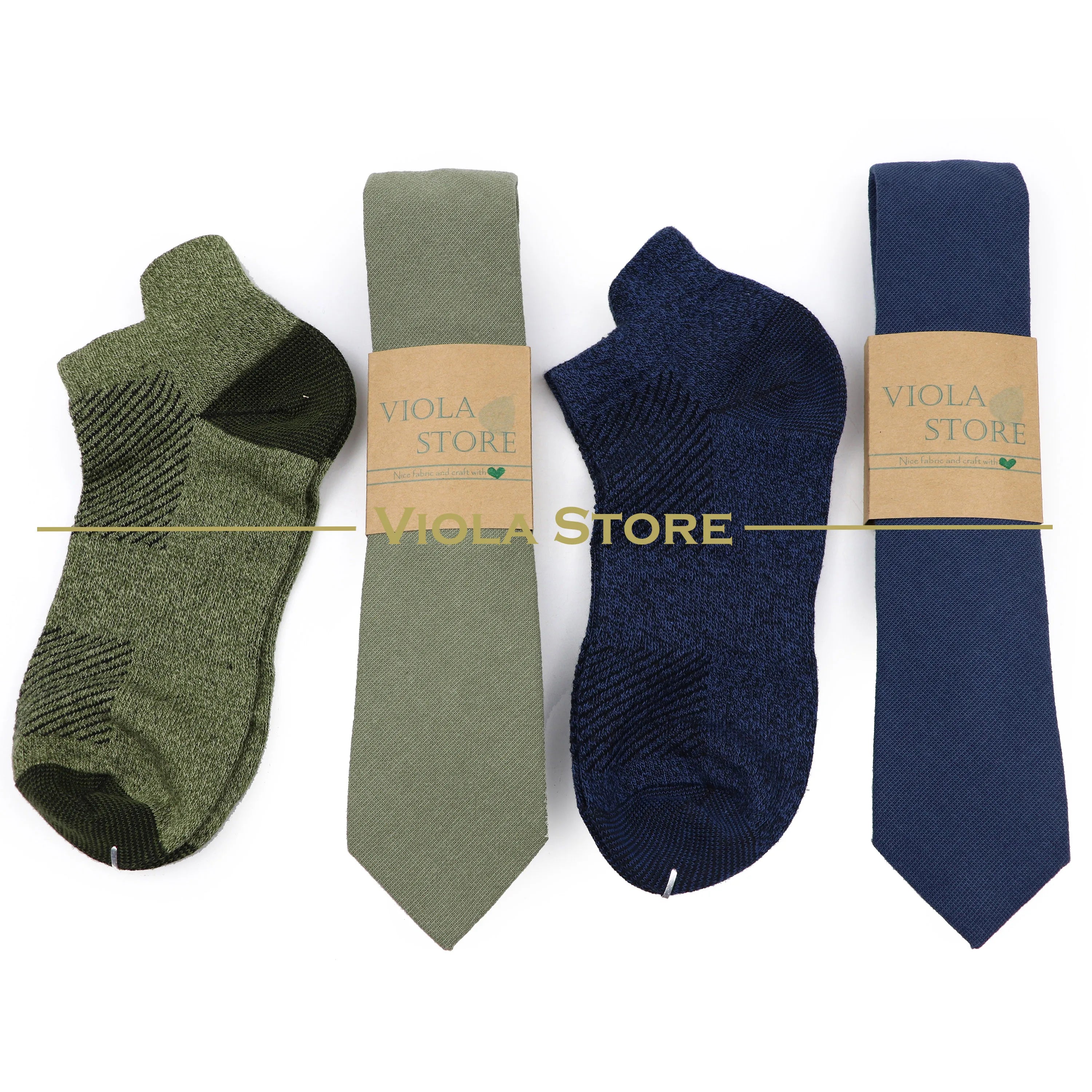 Striped Solid Cotton Necktie Socks Sets Blue Green Navy Spring Daily Casual Men Fashion Design Suit Tie Gift Cravat Accessory