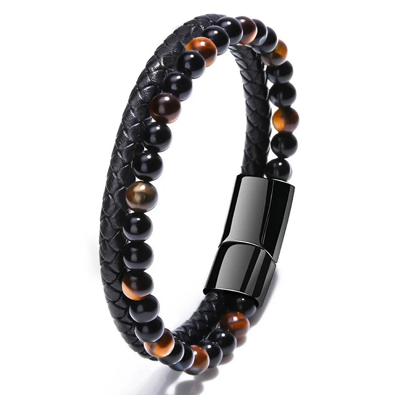 Natural Stone Volcano Tiger Eye Beaded Bracelet Men's Leather Rope Onyx Bracelet Bracelet Jewelry