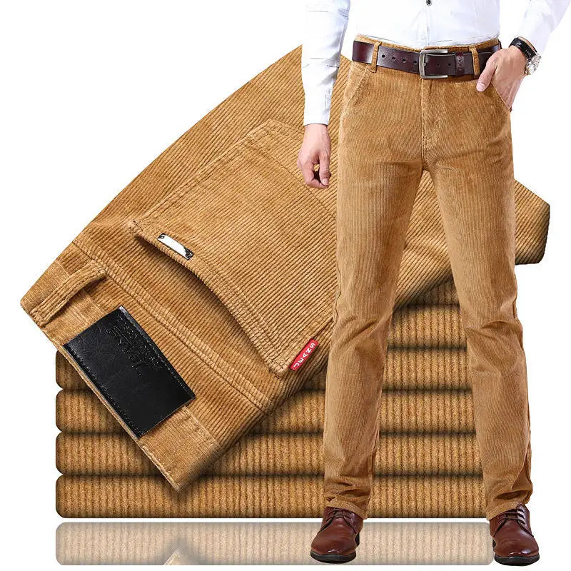 Autumn Winter Men's Corduroy Casual Trousers Youth Straight Style Mid Waist Lightweight Plain Dyed Zipper  Casual Trousers