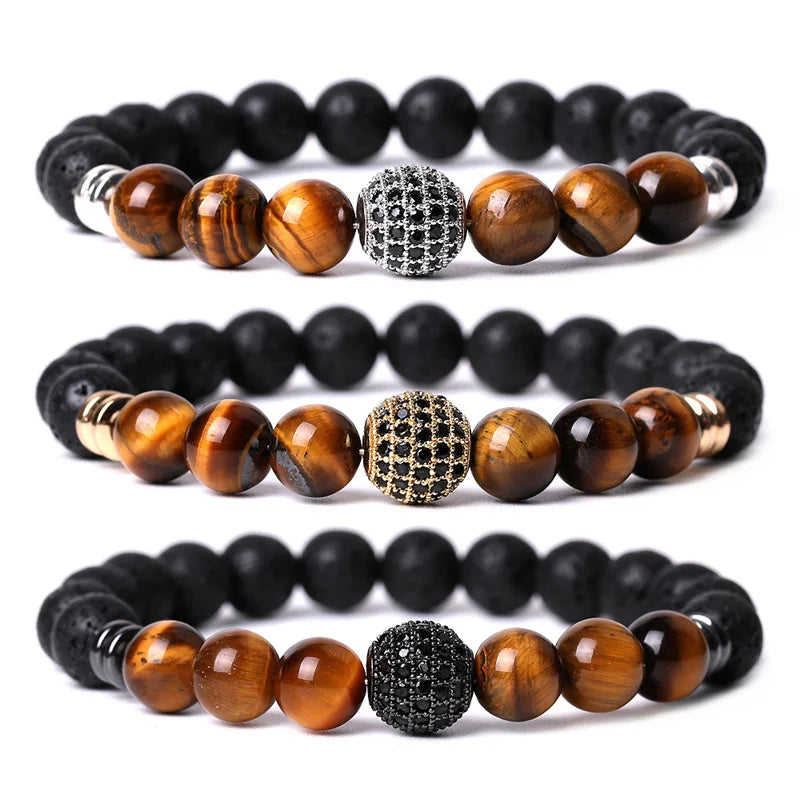 Wholesale Jewelry Red Yellow Tiger Eye Bracelet for Natural Stone Lava Howlite Micro Pave Ball Bracelets Women Men