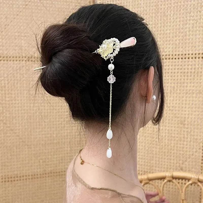 Chinese Hair Stick Flower Tassel Hairpin Vintage Ancient Girls Hair Bun Forks Chopsticks Vintage Hanfu Headpiece Hair Jewelry