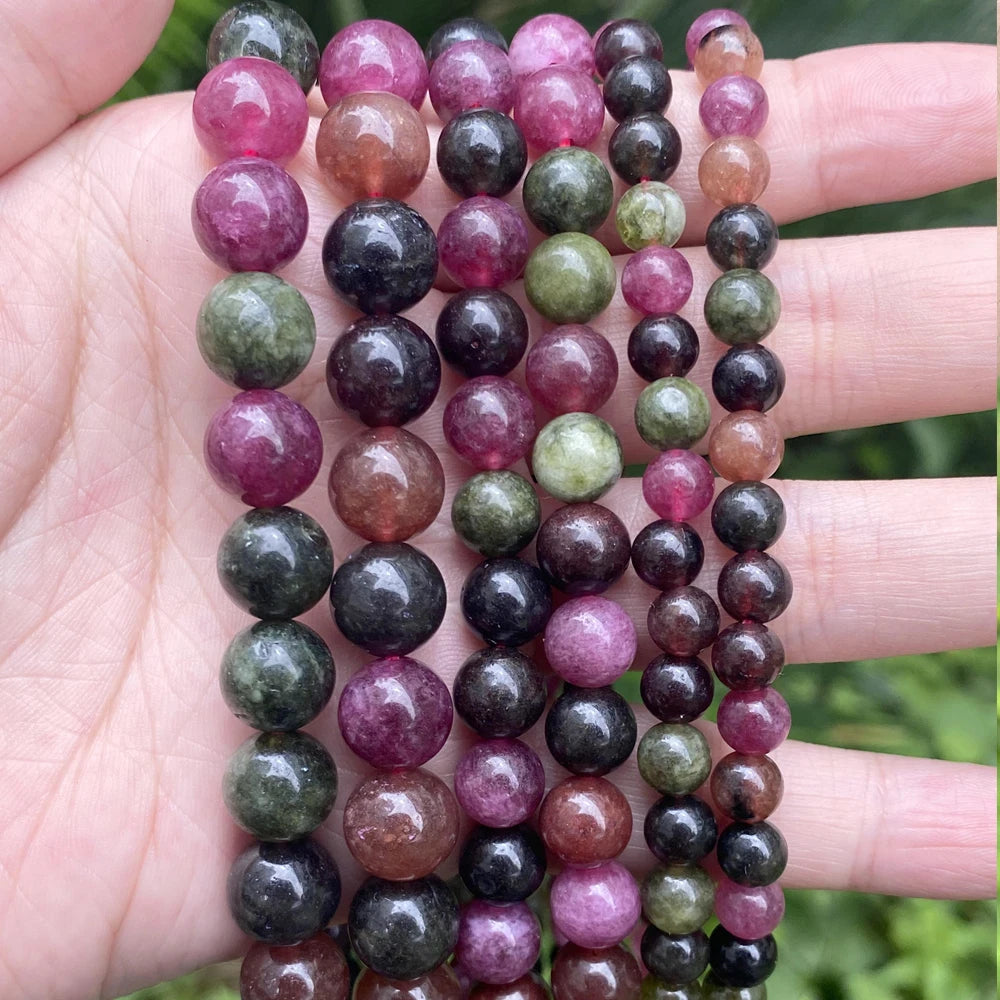 AsVrai U Natural Stone Beads Dark Colorful Tourmaline Spacer Loose Round Beads for Jewelry Making DIY Bracelets Accessories