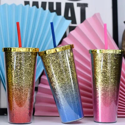 Wholesale Gradient Color Double-layer Plastic Cup Glitter Cup with Straw 22 OZ Tumbler Cups in Bulk