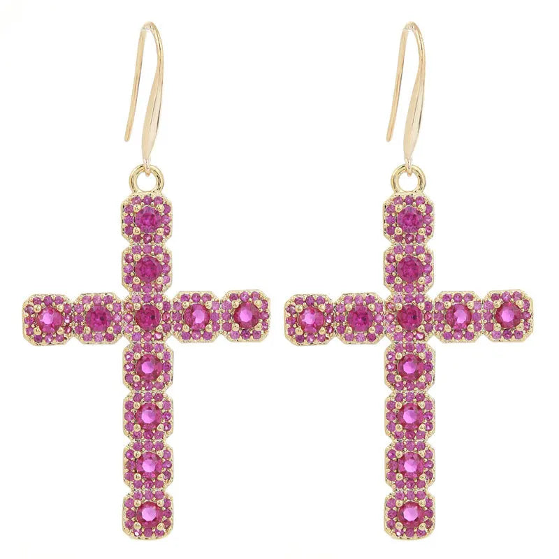 14k Gold Rhinestone Cross Dangle Earrings Wedding Accessories Party Jewelry