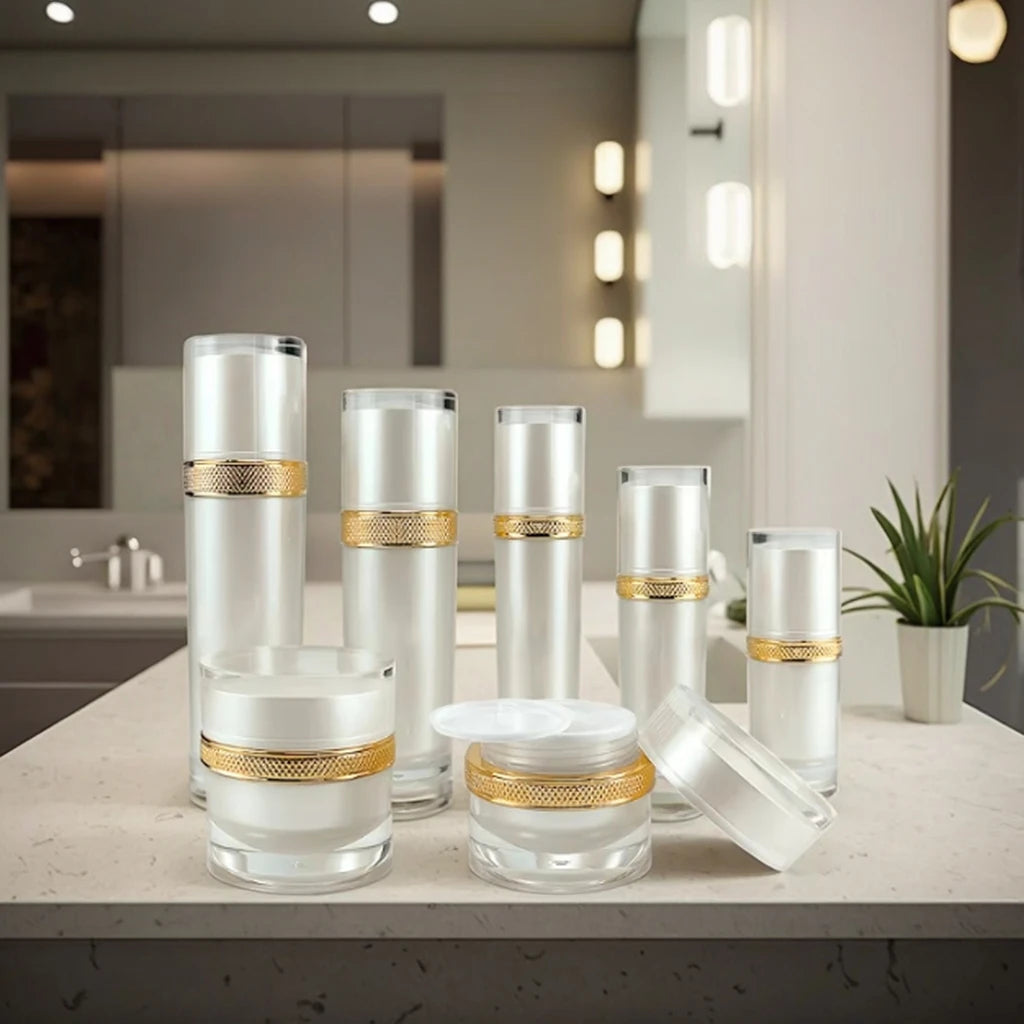 Luxury Pearl White 30ml 50ml 100ml 120ml Set of Plastic Cosmetic Containers with Screw Cap and Lotion Pump