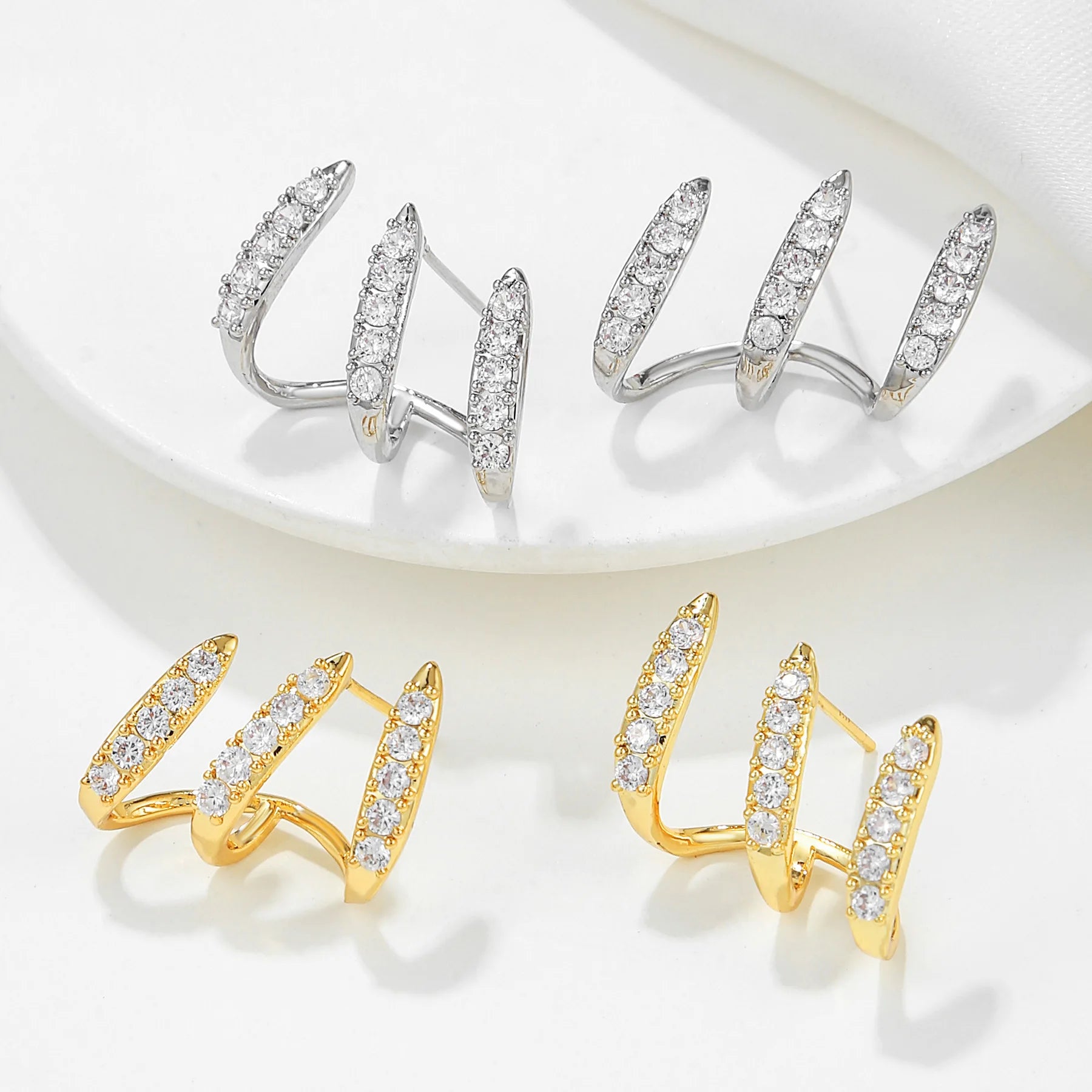 Korean Niche Design Creative Zirconia 3 Layers Claw Stud Earrings Women Quality Light Luxury Zircon Cz Curved Cuff Clip Earrings