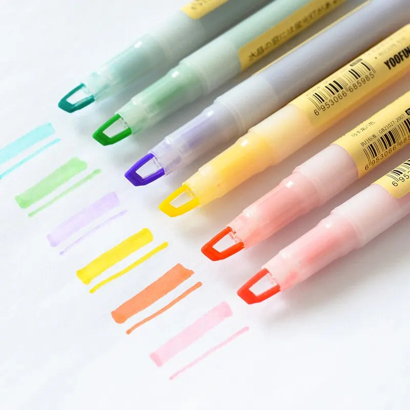6 Colors/set Unique Window Tip Pastel Color Highlighter Pen Dual Tips Soft Color for School Marker