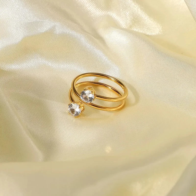White Zircon Stainless Steel Rings Women Fashion Jewelry 2 Layered 18k Gold Plated Opening Adjustable Rings