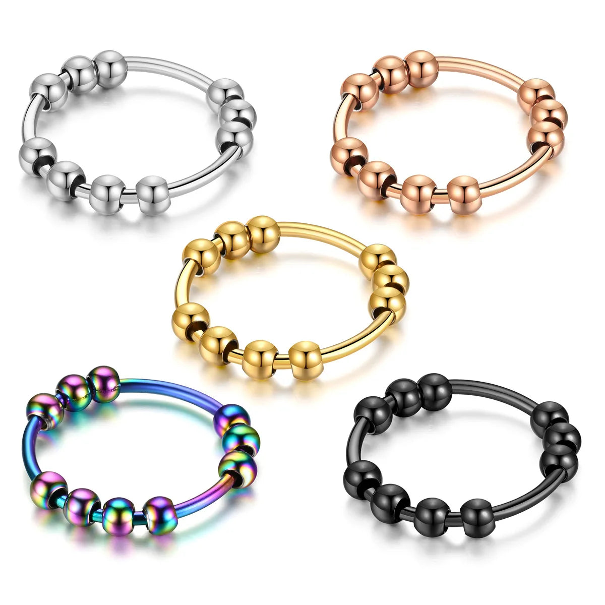 Wholesale Women's Stainless Steel Fidget Ring Simple Beads Adjustable Open Beaded Removable Jewelry Gold Plating Reduces Anxiety