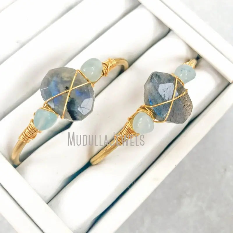 BM38373 Labradorite Amazonite Gemstone Wire Wrapped Free Form Cuff Bangle Gold Plated Adjustable Boho Bracelet