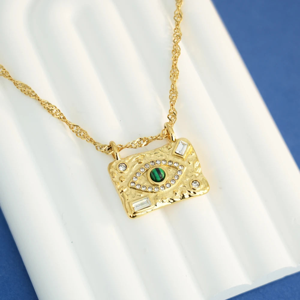 Stainless Steel Jewelry Cubic Zirconia Malachite Eye Pendant Necklace Fashion Trendy Accessories Creative Gift