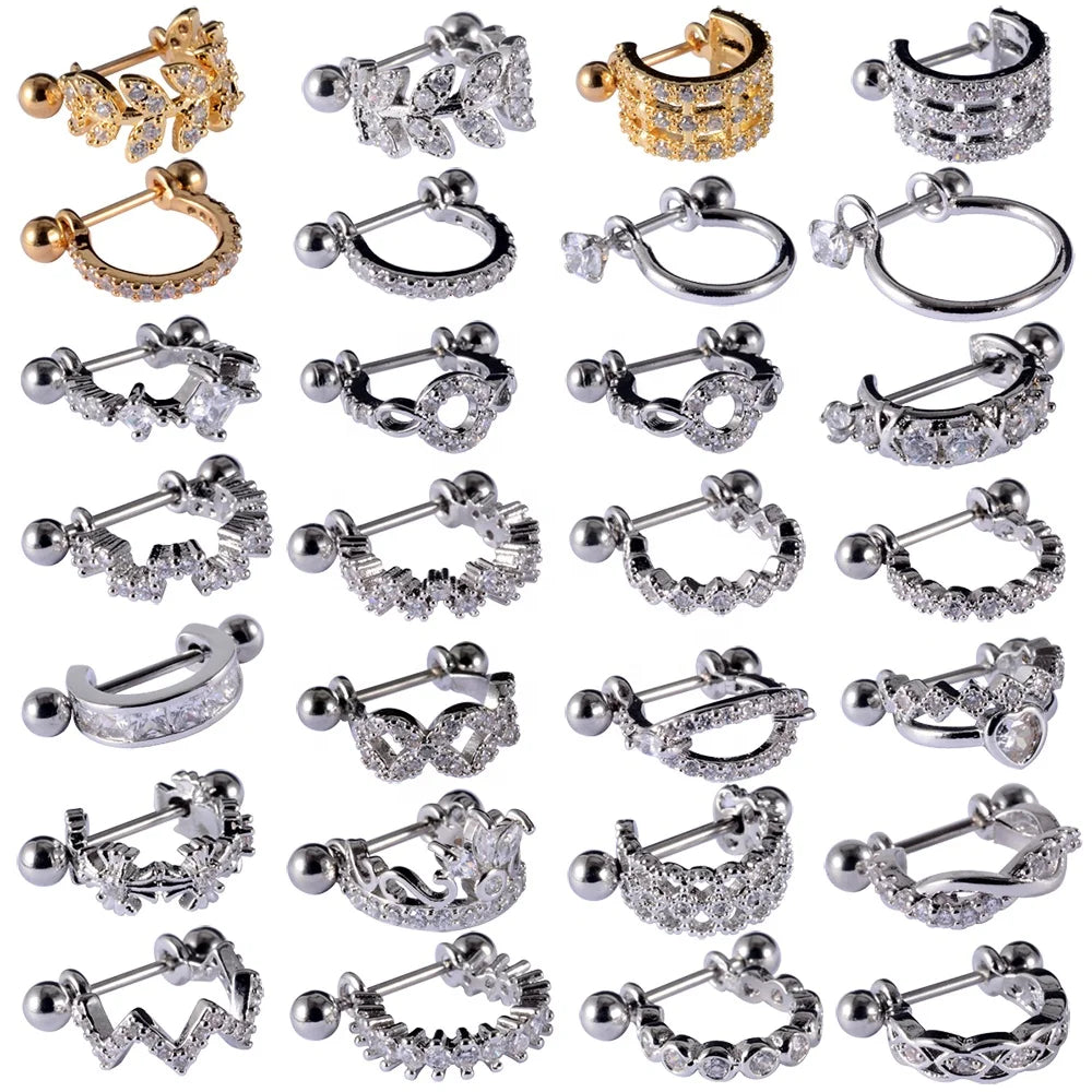 Wholesale Stainless Steel Barbell Cartilage Ring Gold CZ Hoop Cartilage Cuff Rook Lobe Earrings Zircon Helix Daith Piercing