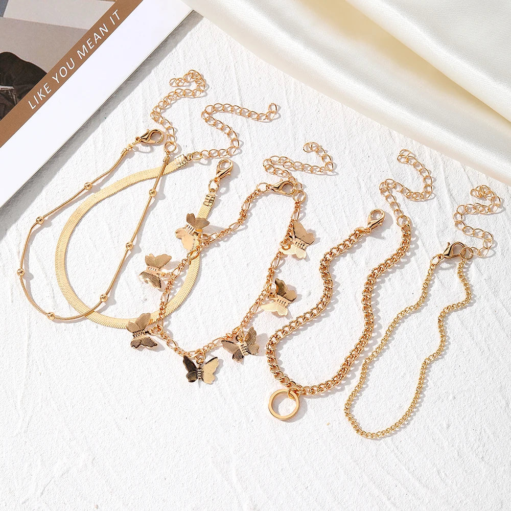Custom  High Quality Gold Vintage Heart Pearl  Cuban Chain Butterfly Pendant Bracelet for Women Jewelry Wholesale