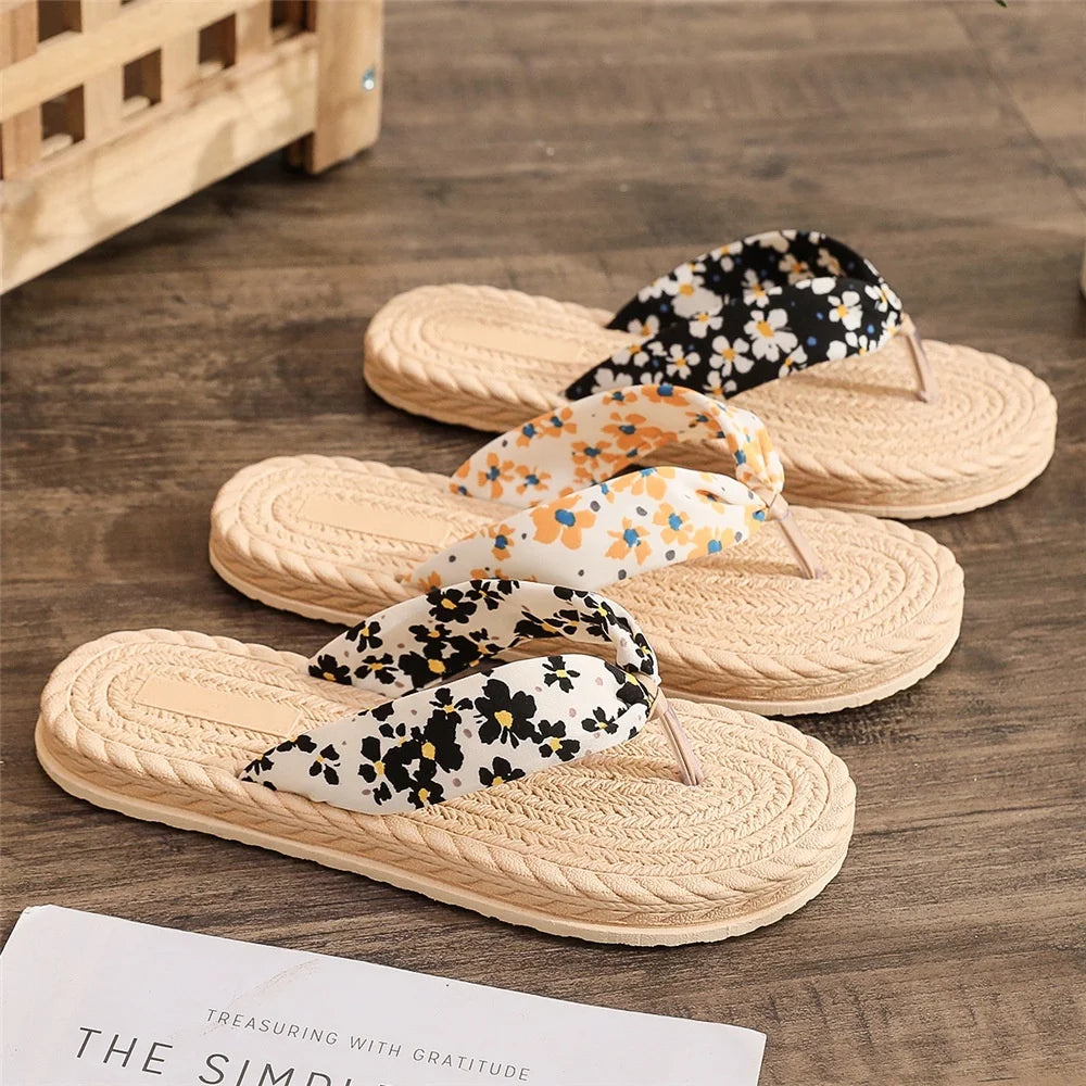 Summer Women Girls Ladies Flowers Outdoor Flat Faux Straw Flip Flops Slides Slipper Sandals