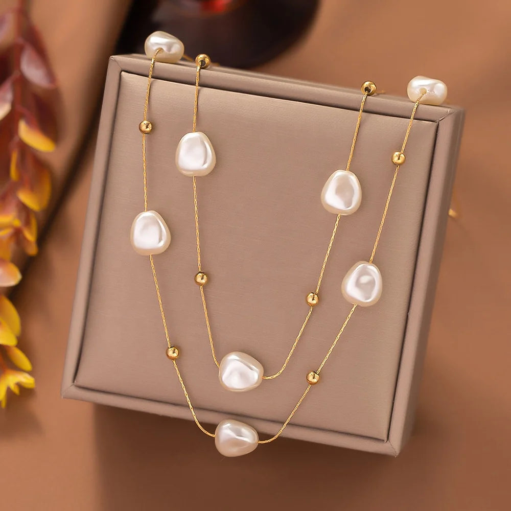 Luxury Shiny Stainless Steel 18k Gold Pear Pendant Necklace Women Dainty Geometric Fringe Pearl Necklace