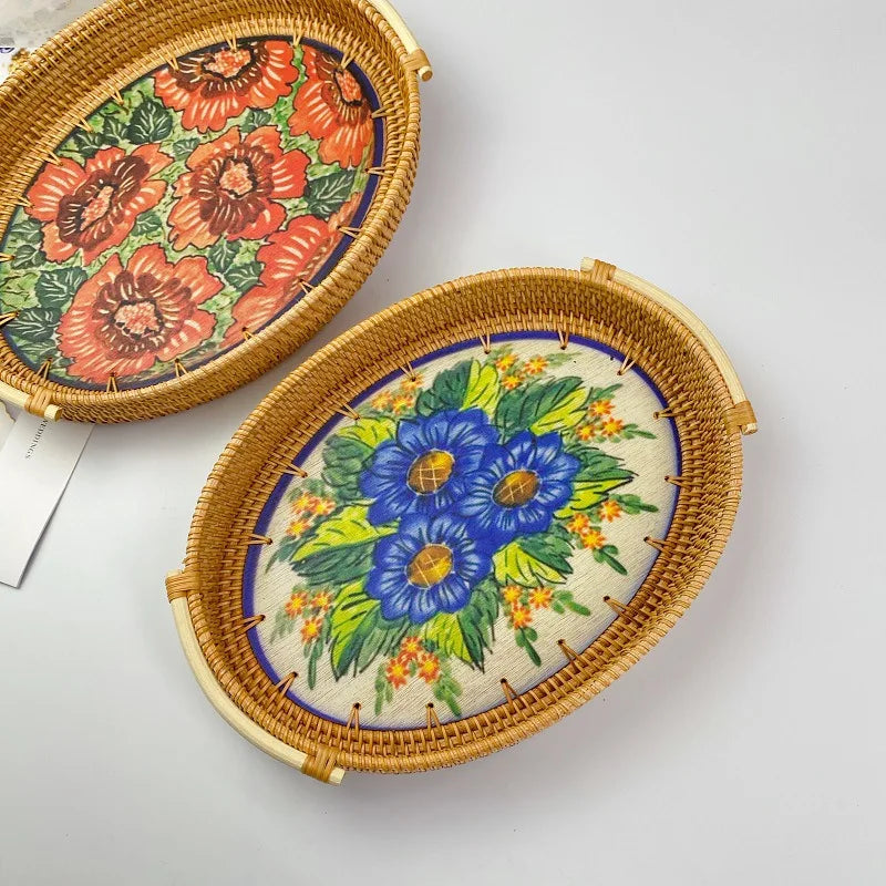 Rattan Basket Hotel Household Bread Snack Candy Vegetable Woven Storage Basket Blue Flower Portable Rattan Tray