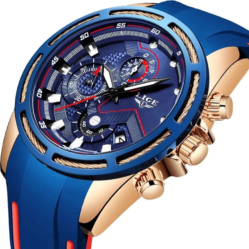 LIGE New 9957 Fashion Mens Watches Top New Luxury Silicone Strap Chronograph Quartz Watch Men Casual Waterproof Sport Watch