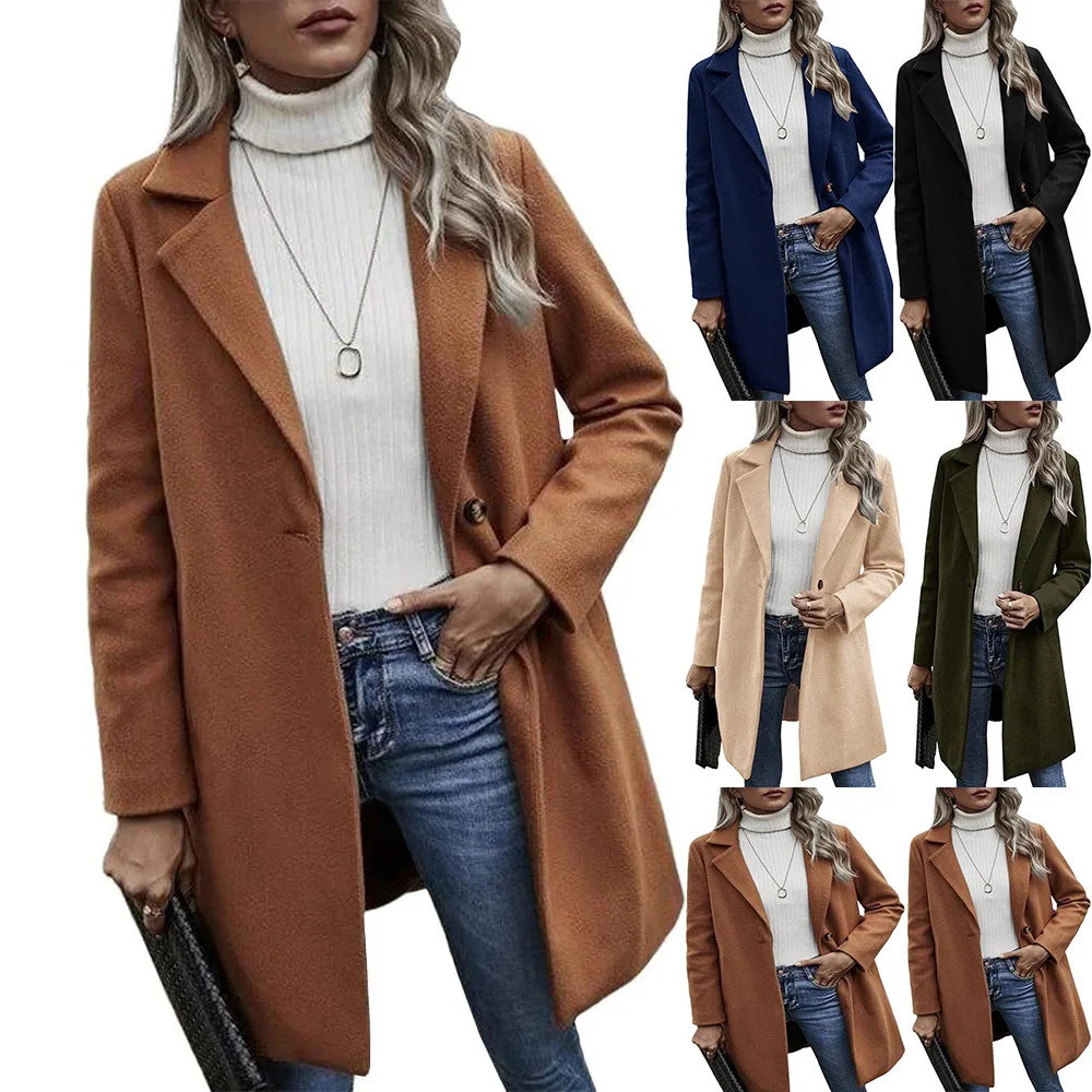 Winter Fashionable One Button Trench Coat Woman Elegant Long Wool Overcoat