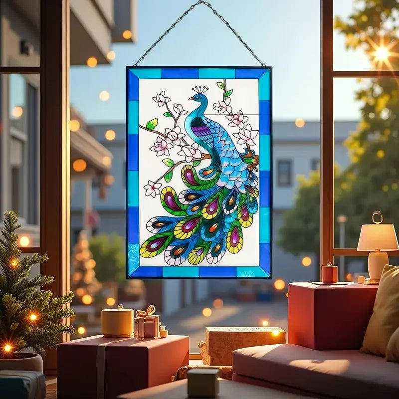 Vibrant Peacock Stained Wall Art with Blossoming Branch Multicolor Hanging Ornament for Window DecorHandcrafted Bird Sculpture