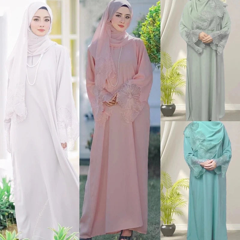 Fashion Islamic Dress Solid Color Embroidered Long Dress Malaysia Indonesia Modest Muslim Women Dress With Hijab