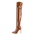 Shiny Brown Patent Leather Women Long Boots Pointed Toe Thin Heel Over the Knee Boots Thigh High Winter Shoes