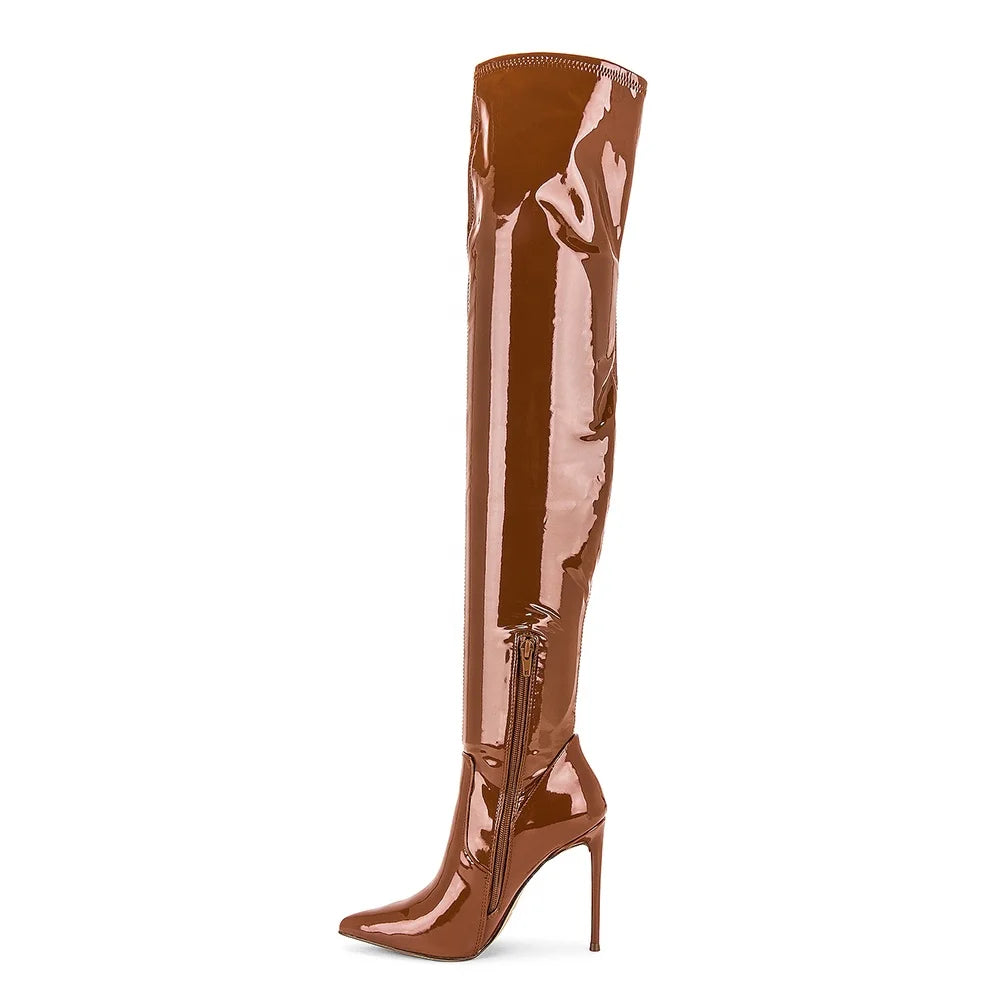 Shiny Brown Patent Leather Women Long Boots Pointed Toe Thin Heel Over the Knee Boots Thigh High Winter Shoes
