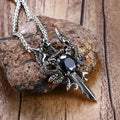 Personality Domineering Stainless Steel Double Dragon Sword Charm Pendant Necklace Vintage Obsidian Necklace for Men Jewelry