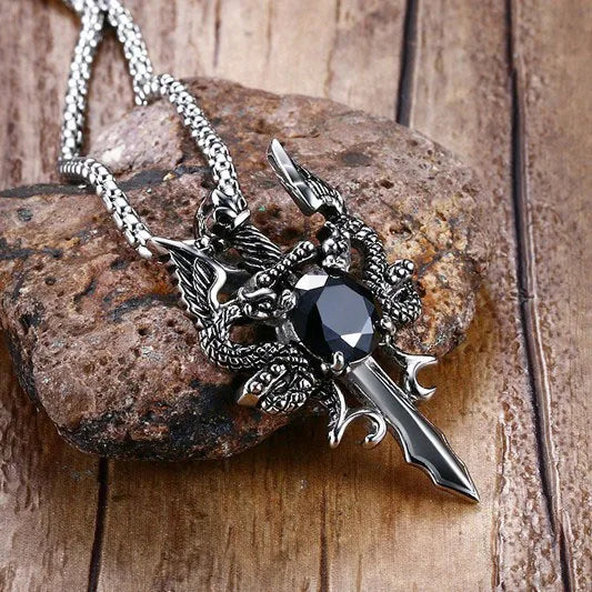 Personality Domineering Stainless Steel Double Dragon Sword Charm Pendant Necklace Vintage Obsidian Necklace for Men Jewelry