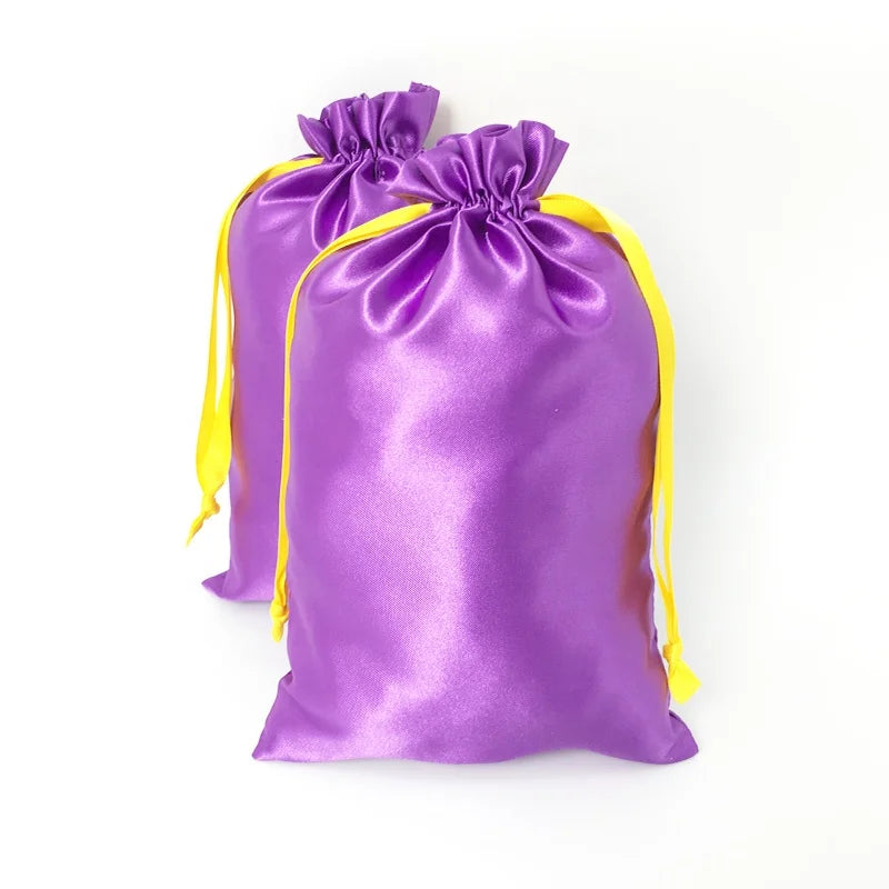 Printed logo Satin Hair Extension Pouch Satin Shoe Dust Clutch Cosmetic Drawstring Bag With Yellow Ribbon