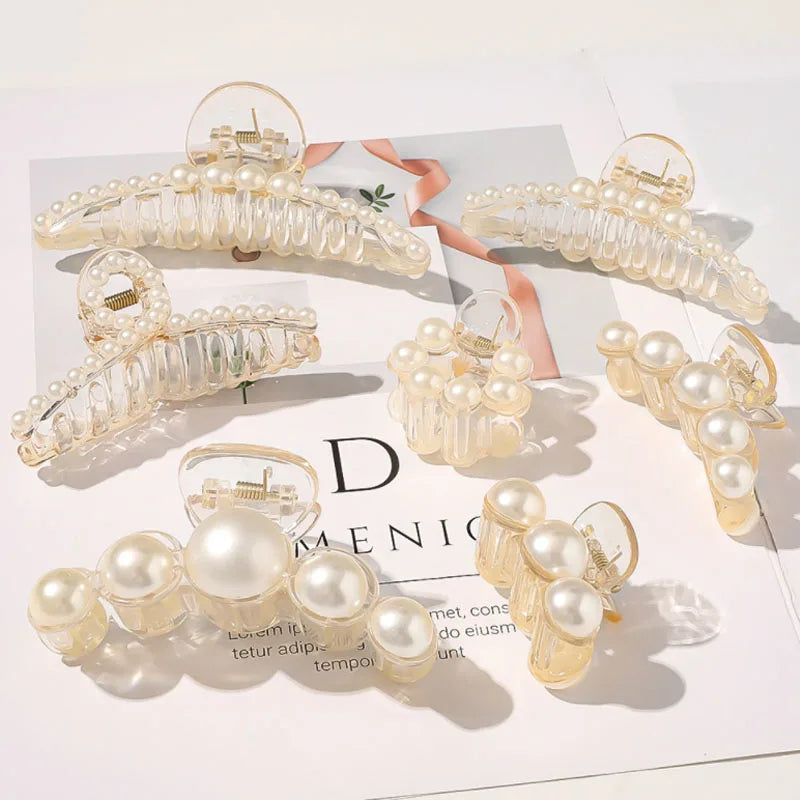 2021 Simple Elegant Pearl Hair Claw Clips Clear Transparent Acrylic Resin Pearl Claw Clamps for Women Girls MegaBDM