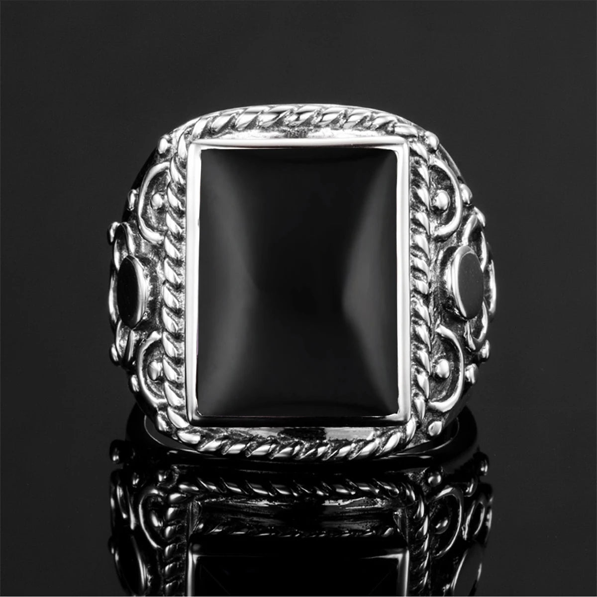 Vintage Filigree Wedding & Party Turkish Black Agate Gemstone 925 Sterling Silver Rhodium Plated Flower Shape Rings for Men