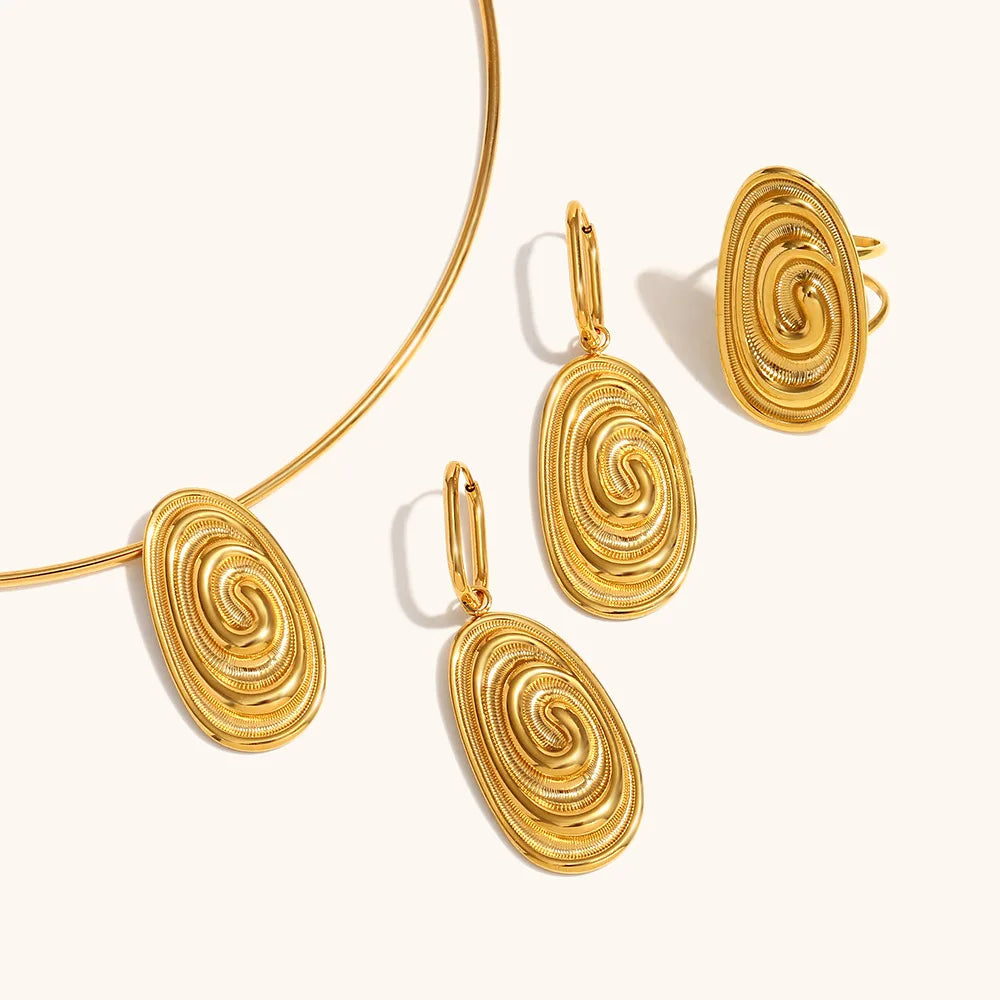 Personalized Retro 18K Gold Plated Stainless Steel Oval Conch Women Earring Ring Necklace Jewelry Set