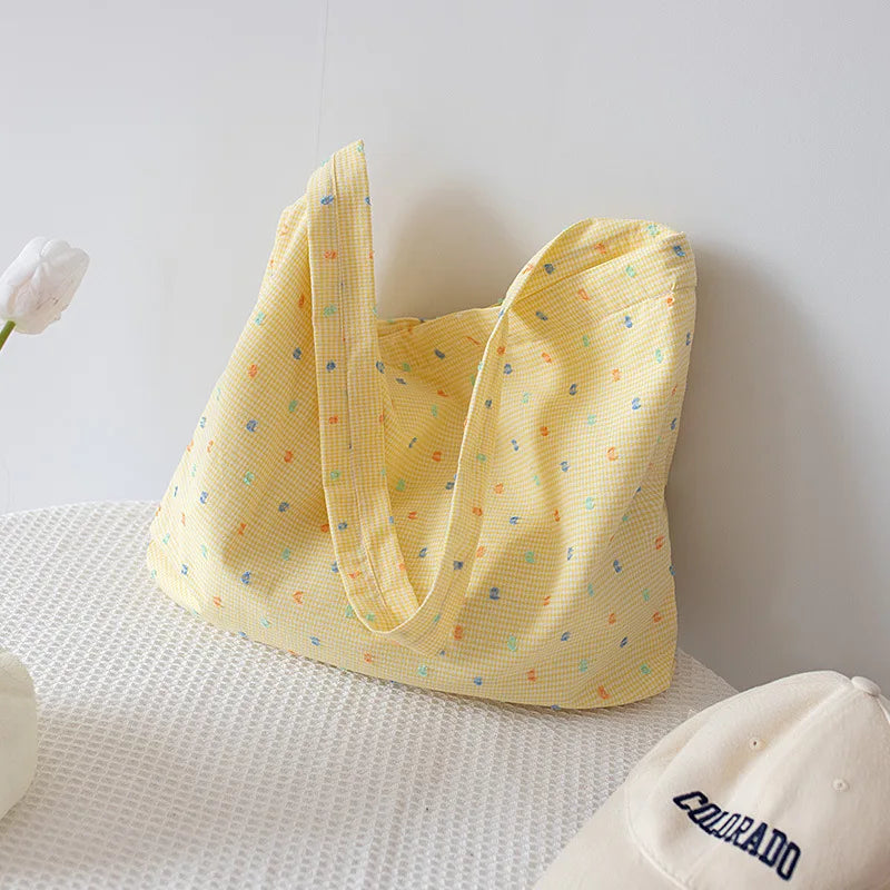 Cute Small Pattern Checkered Canvas Shoulder Tote Bags Set - Yellow & Blue Casual Handbags for Children/ Women