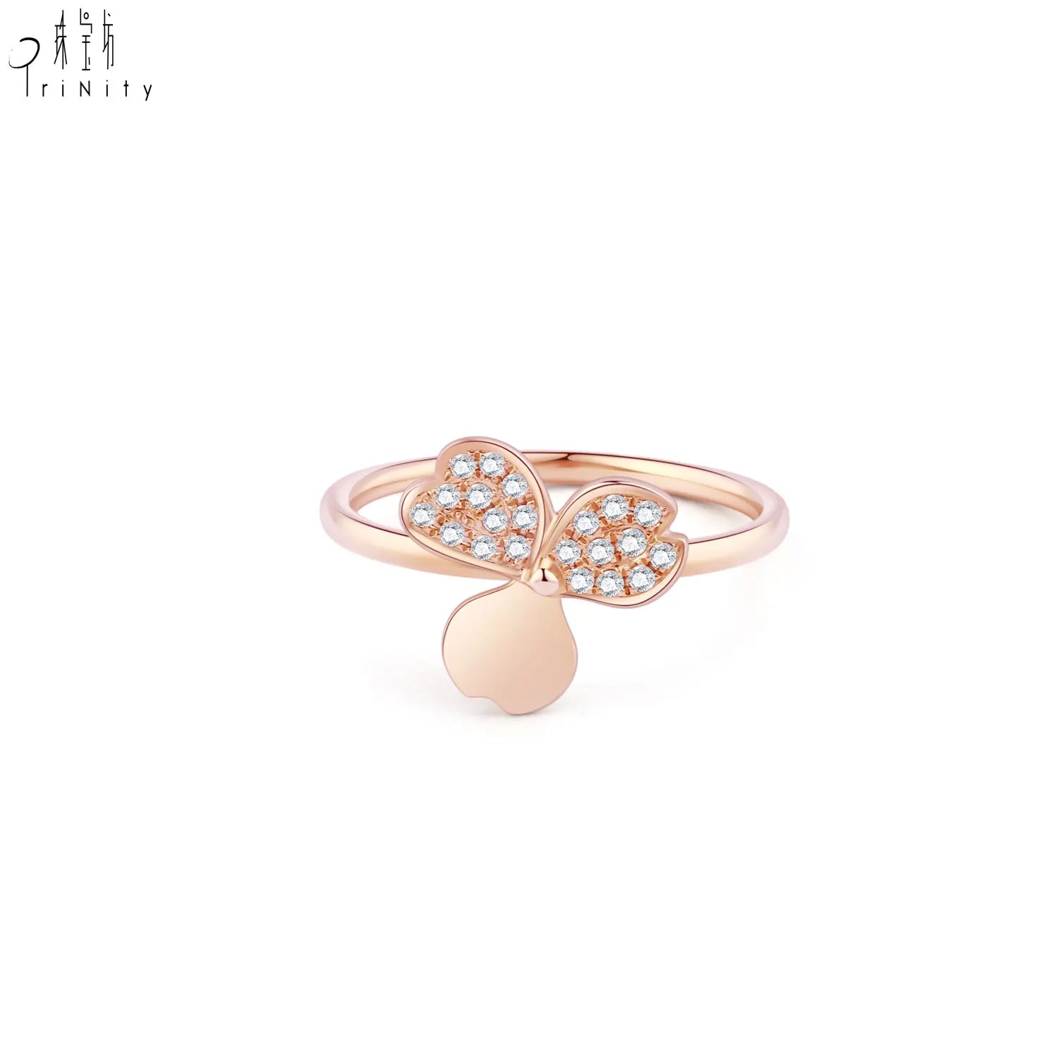 High Quality Wholesale Design Simple Lucky Clover Ring Jewelry 18K Solid Rose Gold Diamond Rings Small Natural Diamond Ring
