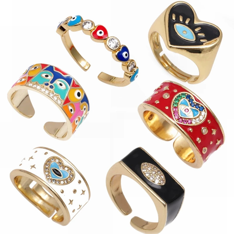 Multi Color Enamel Wide Band Butterfly Eyes Daisy Flower Rings for Women Enamel Turkish Evil Eyes Open Ring Lucky Jewelry