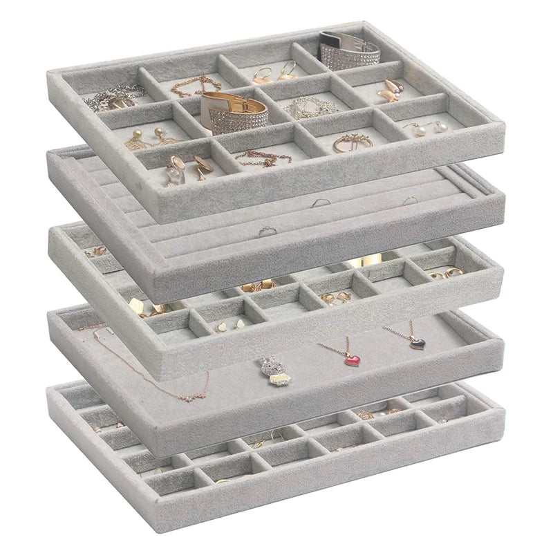 Wholesale Rectangle Gray Velvet Large Jewelry Tray Organizer Square Display Storage Drawer Tray for Earrings Jewelry