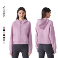 Women's Long Sleeve Thermal Sport Coat Breathable Cotton Polyester Gym Jacket Zipper Hood Thumb Holes Winter Warm Plus Size