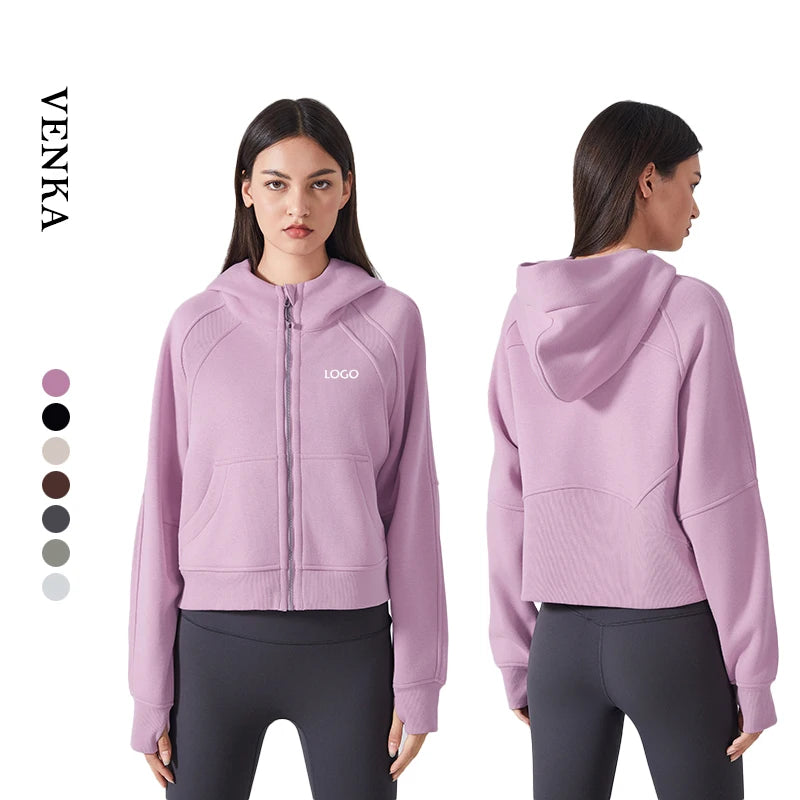 Women's Long Sleeve Thermal Sport Coat Breathable Cotton Polyester Gym Jacket Zipper Hood Thumb Holes Winter Warm Plus Size